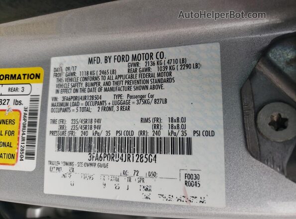 3FA6P0RU4JR128504 2018 FORD FUSION Silver 