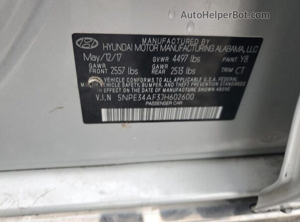 5NPE34AF3JH602600 2018 HYUNDAI SONATA Серебряный 