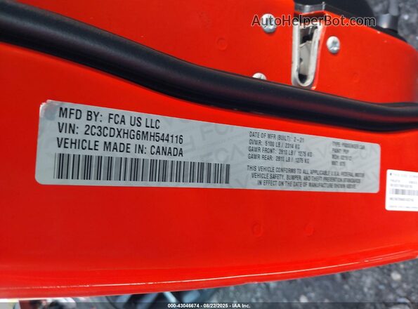 2C3CDXHG6MH544116 2021 DODGE CHARGER Orange Widok komory silnika