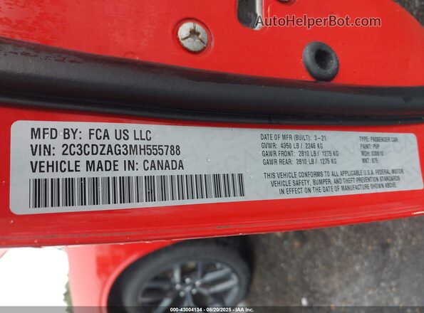 2C3CDZAG3MH555788 2021 DODGE CHALLENGER Orange Widok komory silnika