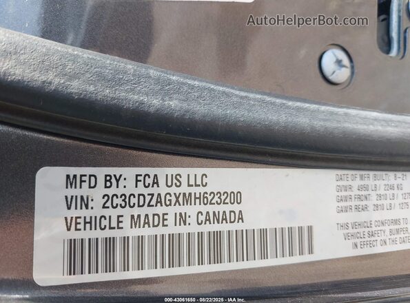 2C3CDZAGXMH623200 2021 DODGE CHALLENGER Gray Вид підкапотного простору