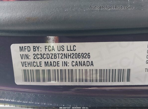 2C3CDZBT2NH206926 2022 DODGE CHALLENGER Purple ძრავის განყოფილების ხედი
