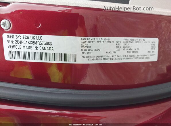 2C4RC1BG6MR575083 2021 CHRYSLER PACIFICA Burgundy ძრავის განყოფილების ხედი