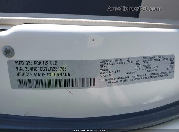 2C4RC1CG7LR281706 2020 CHRYSLER VOYAGER White Vista del compartimento del motor