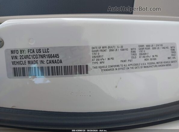 2C4RC1CG7NR166445 2022 CHRYSLER VOYAGER Белый Вид подкапотного пространства
