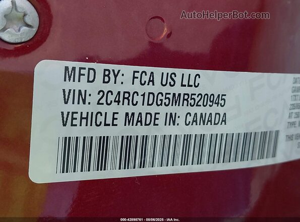 2C4RC1DG5MR520945 2021 CHRYSLER VOYAGER Burgundy ძრავის განყოფილების ხედი