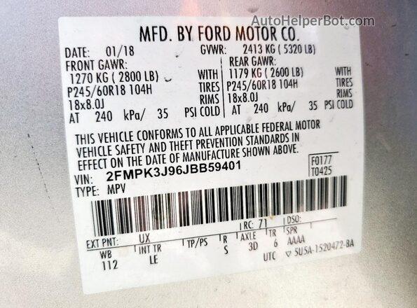 2FMPK3J96JBB59401 2018 FORD EDGE Silver 