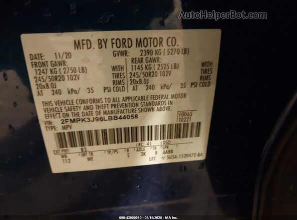 2FMPK3J96LBB44058 2020 FORD EDGE Blue Engine compartment view