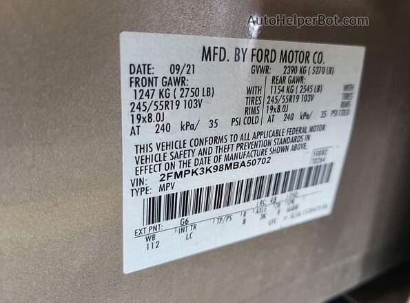 2FMPK3K98MBA50702 2021 FORD EDGE  Вид наклейки з VIN-кодом