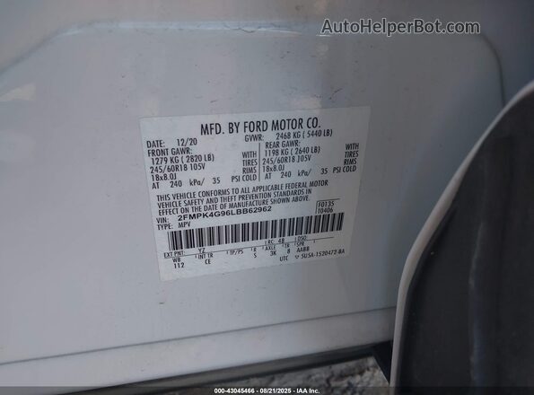 2FMPK4G96LBB62962 2020 FORD EDGE Белый Вид подкапотного пространства