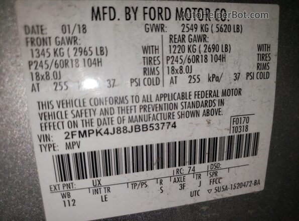 2FMPK4J88JBB53774 2018 FORD EDGE Silver 