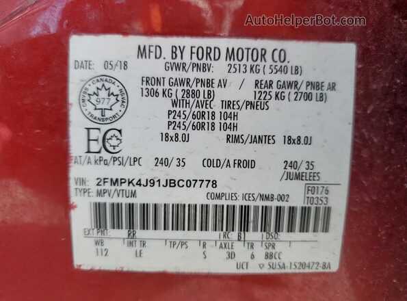 2FMPK4J91JBC07778 2018 FORD EDGE Red 