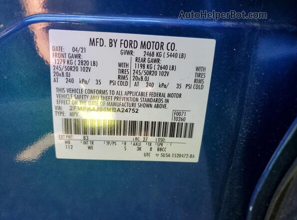 2FMPK4J94MBA24752 2021 FORD EDGE Blue 
