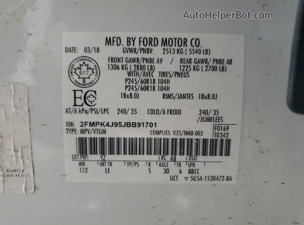 2FMPK4J95JBB91701 2018 FORD EDGE Белый 