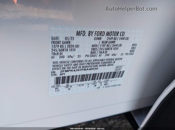 2FMPK4J97PBA40030 2023 FORD EDGE White Շարժիչի բաժամունքի տեսք