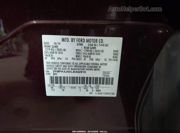 2FMPK4J9XLBA02916 2020 FORD EDGE Бордовый Вид подкапотного пространства