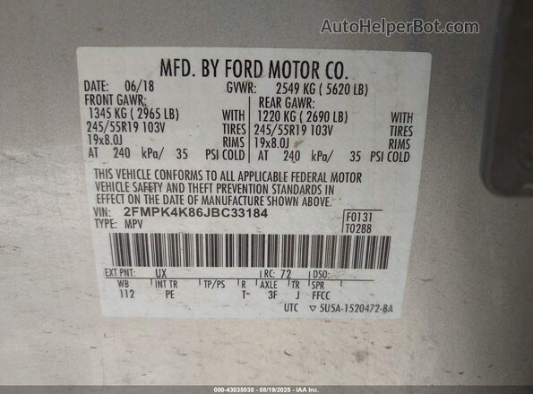 2FMPK4K86JBC33184 2018 FORD EDGE Серебряный 