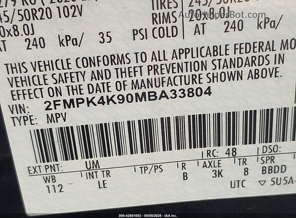 2FMPK4K90MBA33804 2021 FORD EDGE Черный Вид подкапотного пространства