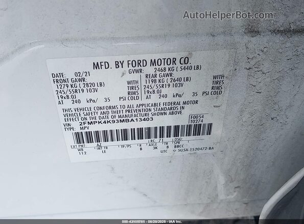 2FMPK4K93MBA13403 2021 FORD EDGE White 