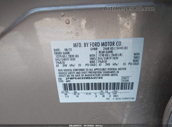 2FMPK4K95MBA45169 2021 FORD EDGE Brown ძრავის განყოფილების ხედი