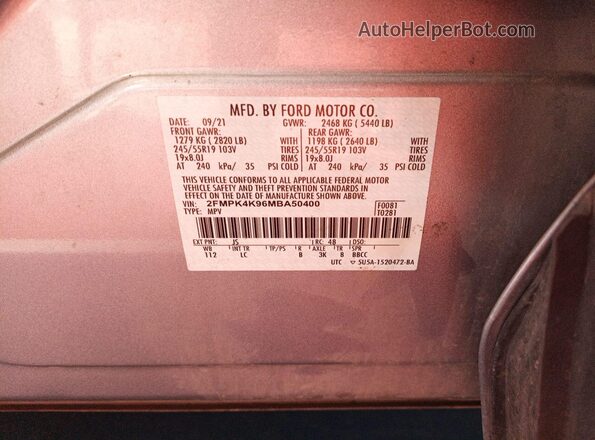2FMPK4K96MBA50400 2021 FORD EDGE  VIN sticker view
