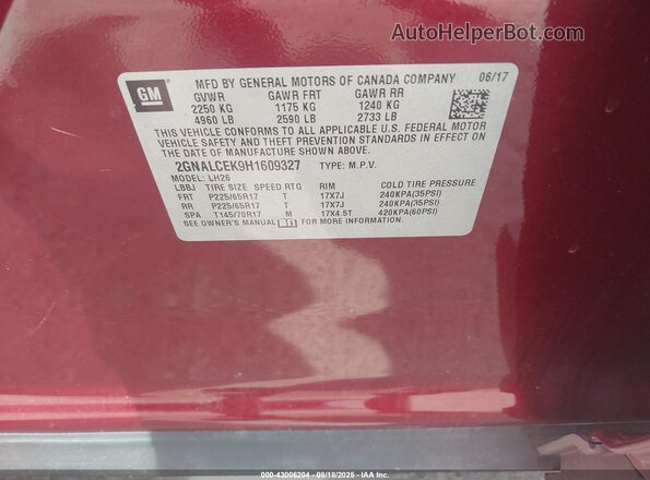 2GNALCEK9H1609327 2017 CHEVROLET EQUINOX Red Vista del compartimento del motor