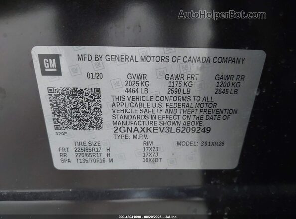2GNAXKEV3L6209249 2020 CHEVROLET EQUINOX Black Vista del compartimento del motor