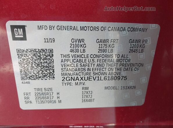 2GNAXUEV1L6180975 2020 CHEVROLET EQUINOX Red Engine compartment view