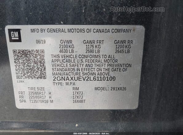 2GNAXUEV2L6110109 2020 CHEVROLET EQUINOX Gray ძრავის განყოფილების ხედი