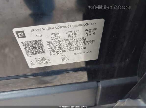 2GNAXXEV4L6144716 2020 CHEVROLET EQUINOX Black Vista del compartimento del motor