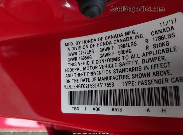 2HGFC2F58JH517593 2018 HONDA CIVIC Red 