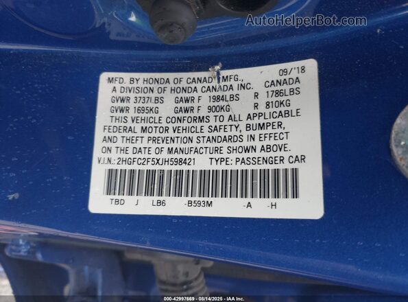 2HGFC2F5XJH598421 2018 HONDA CIVIC Синий 