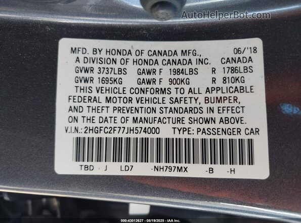 2HGFC2F77JH574000 2018 HONDA CIVIC Gray 