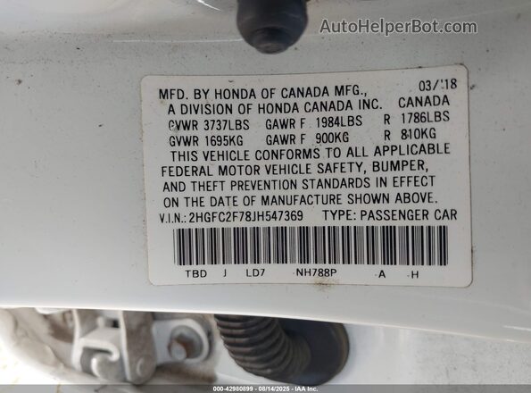 2HGFC2F78JH547369 2018 HONDA CIVIC Белый 
