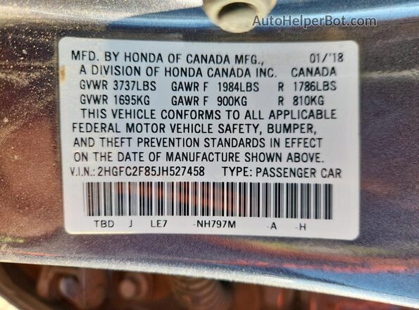 2HGFC2F85JH527458 2018 HONDA CIVIC Gray 