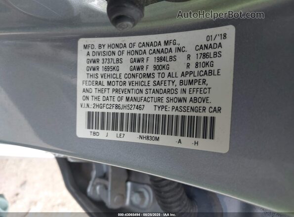 2HGFC2F86JH527467 2018 HONDA CIVIC Silver 