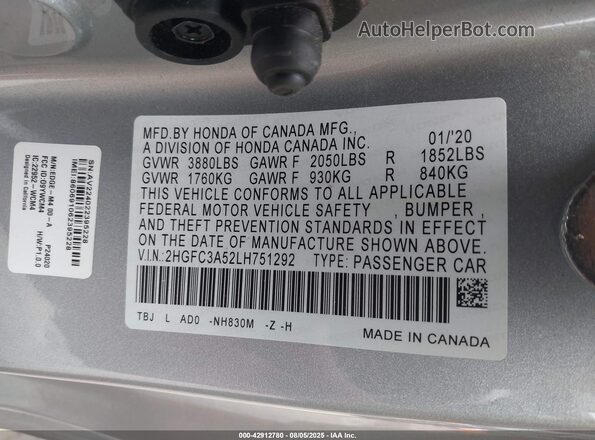 2HGFC3A52LH751292 2020 HONDA CIVIC Silver Вид підкапотного простору