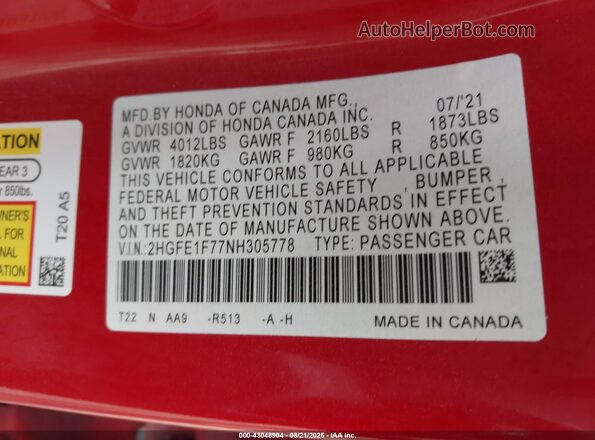 2HGFE1F77NH305778 2022 HONDA CIVIC Red Engine compartment view