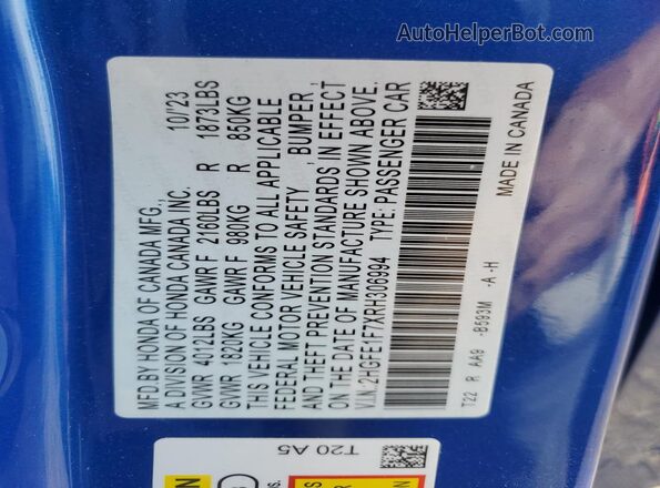 2HGFE1F7XRH306994 2024 HONDA CIVIC Blue Vista del compartimento del motor