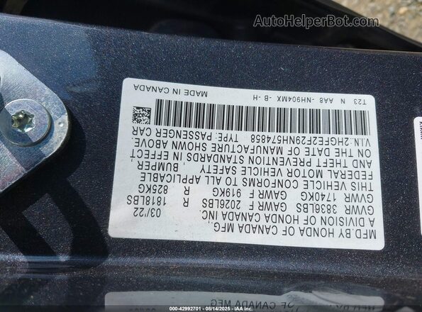 2HGFE2F29NH574858 2022 HONDA CIVIC Gray 