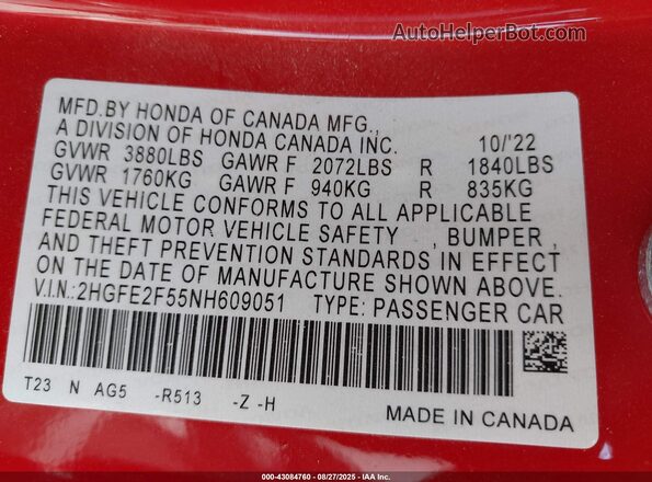 2HGFE2F55NH609051 2022 HONDA CIVIC Red Engine compartment view