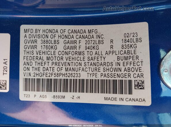 2HGFE2F58PH526233 2023 HONDA CIVIC Blue Widok komory silnika