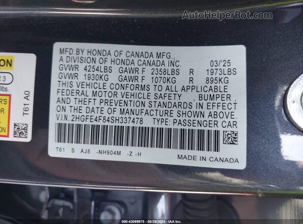 2HGFE4F84SH337478 2025 HONDA CIVIC Черный Вид подкапотного пространства