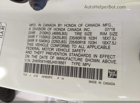 2HKRW1H95JH518561 2018 HONDA CR-V Белый 