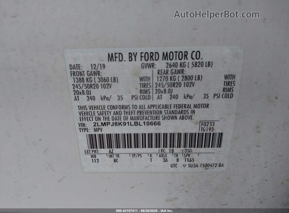2LMPJ8K91LBL10666 2020 LINCOLN NAUTILUS White Շարժիչի բաժամունքի տեսք
