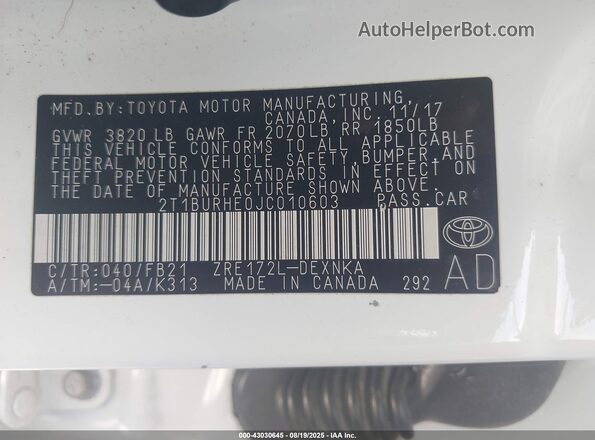 2T1BURHE0JC010603 2018 TOYOTA LL White 