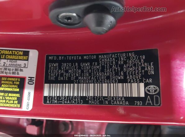 2T1BURHE0JC086063 2018 TOYOTA LL Red 