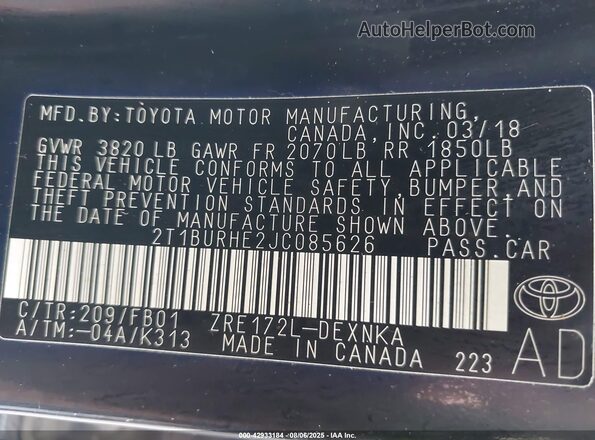 2T1BURHE2JC085626 2018 TOYOTA LL Black 