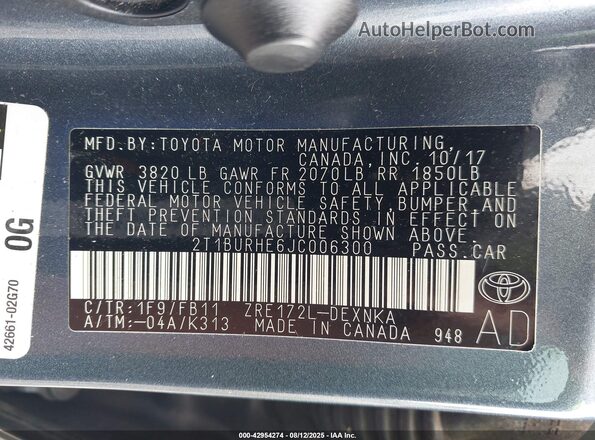 2T1BURHE6JC006300 2018 TOYOTA LL Gray 