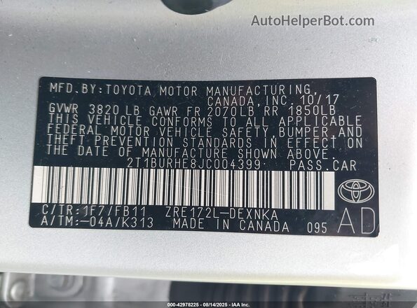 2T1BURHE8JC004399 2018 TOYOTA LL Silver 